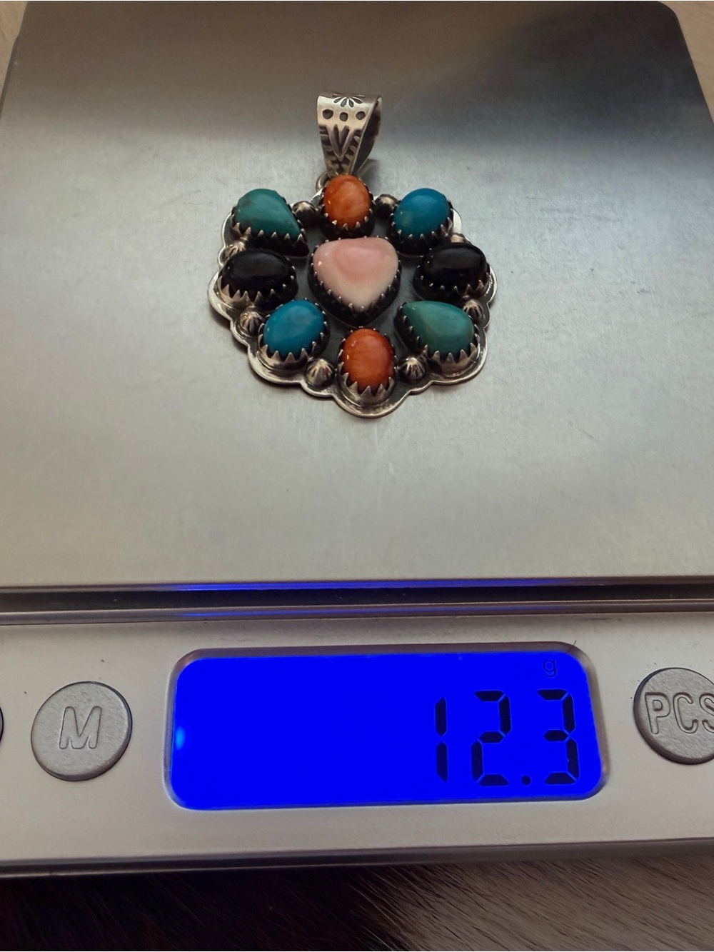 ❤️ MultiStone Turquoise Spiny Oyster Pink Conch Onyx Statement Pendant 12.3 Gms - Picture 8 of 13